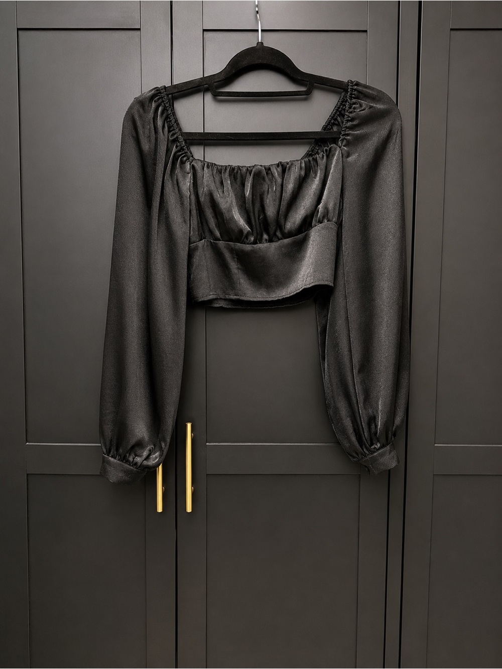 SHEIN Black Satin Puff-Sleeve Crop Top